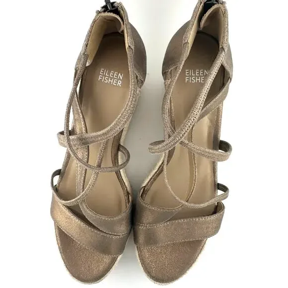 Eileen Fisher Wanda espadrille strappy Bronze Gold Leather wedges size 9 NWOB - Picture 4 of 6